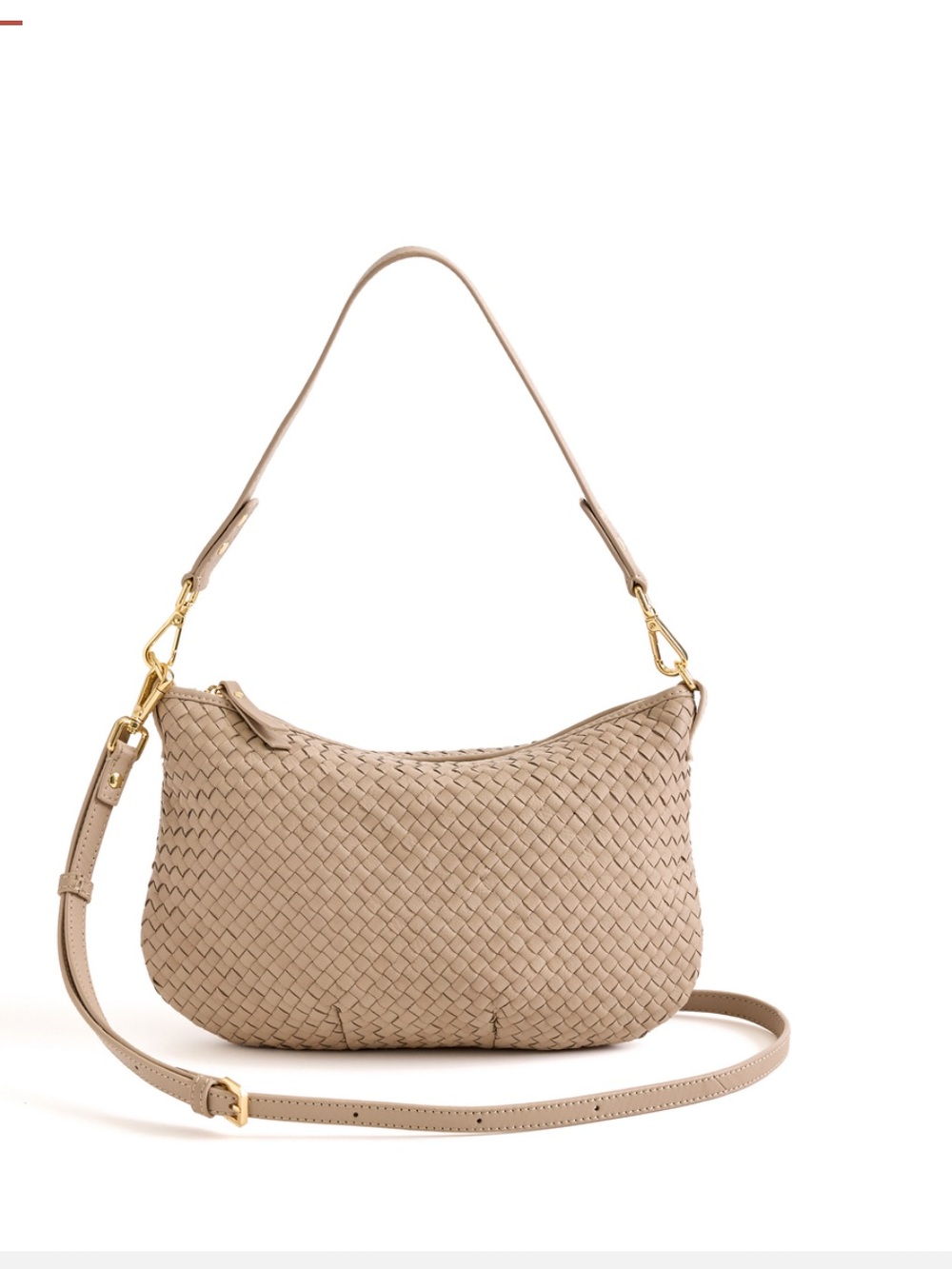 Quince Sloane Handwoven Mini Shoulder Bag in Taupe with crossbody strap